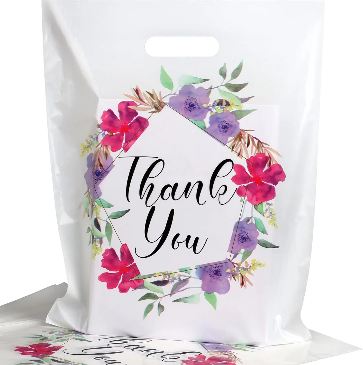 Floral Plastic Thank You Gift Bags Bulk - 12"x15" Merchandise Retail Shopping Bags with Die-Cut Handles, 100 Pack - Perfect for Small Businesses, Boutiques, Clothing Stores, Weddings, Party Favors