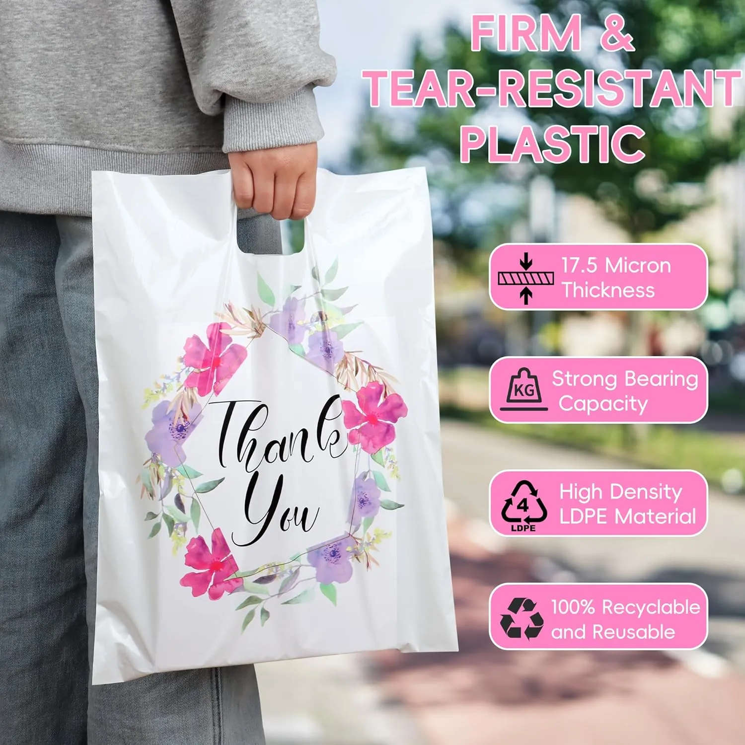Floral Plastic Thank You Gift Bags Bulk - 12"x15" Merchandise Retail Shopping Bags with Die-Cut Handles, 100 Pack - Perfect for Small Businesses, Boutiques, Clothing Stores, Weddings, Party Favors