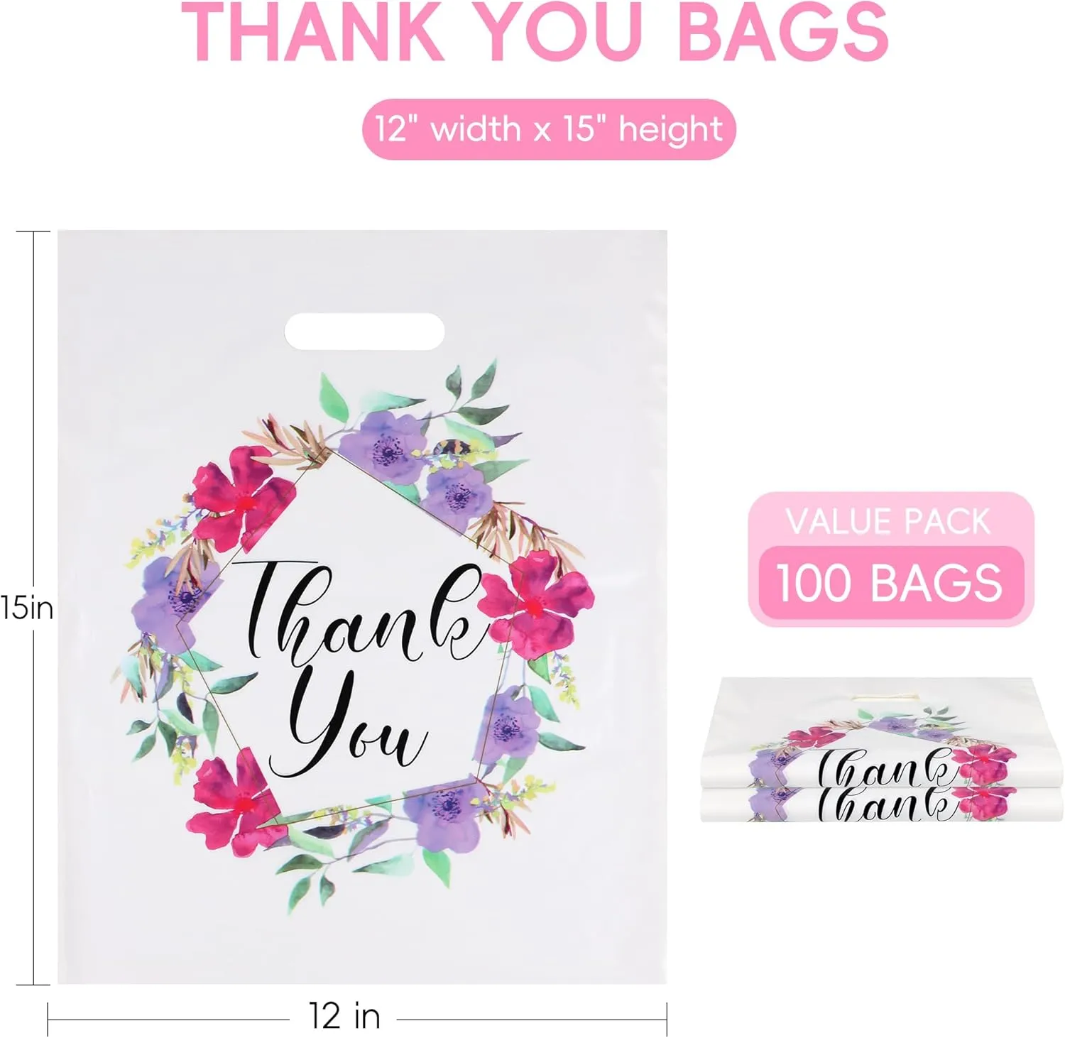 Floral Plastic Thank You Gift Bags Bulk - 12"x15" Merchandise Retail Shopping Bags with Die-Cut Handles, 100 Pack - Perfect for Small Businesses, Boutiques, Clothing Stores, Weddings, Party Favors