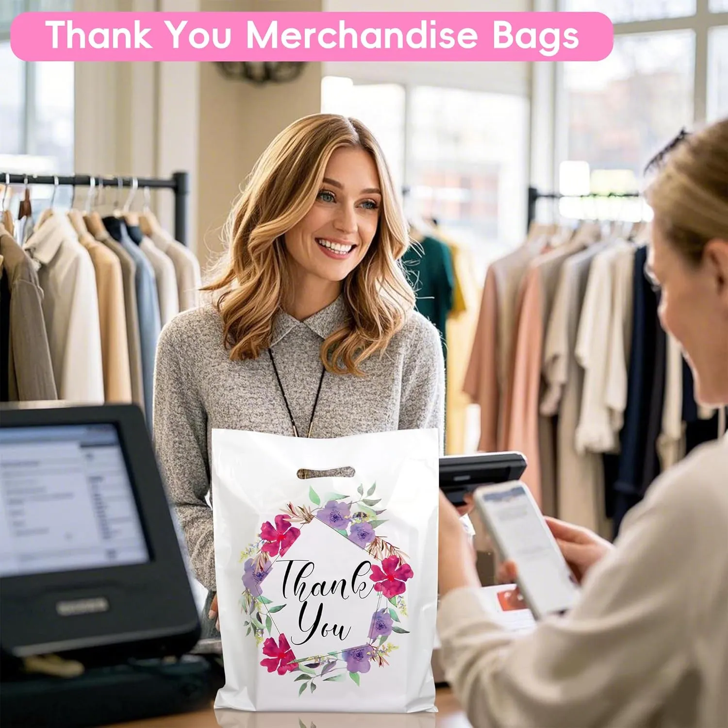 Floral Plastic Thank You Gift Bags Bulk - 12"x15" Merchandise Retail Shopping Bags with Die-Cut Handles, 100 Pack - Perfect for Small Businesses, Boutiques, Clothing Stores, Weddings, Party Favors