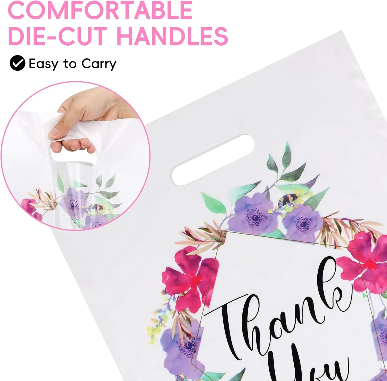 Floral Plastic Thank You Gift Bags Bulk - 12"x15" Merchandise Retail Shopping Bags with Die-Cut Handles, 100 Pack - Perfect for Small Businesses, Boutiques, Clothing Stores, Weddings, Party Favors