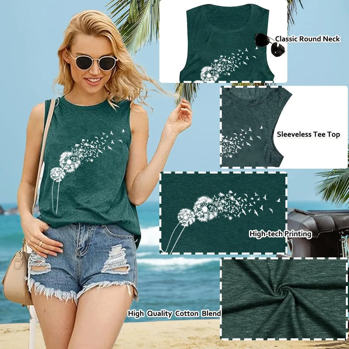 Floral Tank Top for Women Butterflies Dandelion Graphic Print Sleeveless Tees Camping Hiking Tunic T-Shirt