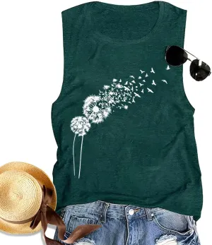 Floral Tank Top for Women Butterflies Dandelion Graphic Print Sleeveless Tees Camping Hiking Tunic T-Shirt