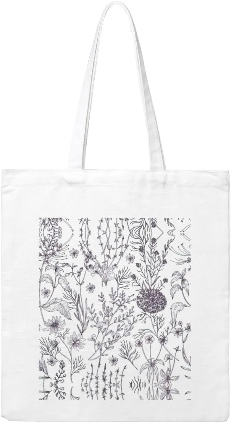 Flowering Herbs and Herbaceous Plants Print Canvas Tote Bag Aesthetic Reusable Grocery Shopping Bags Shoulder Bag Book Tote