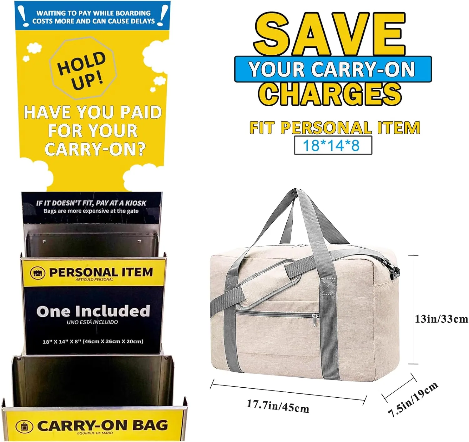 For Spirit Airlines Personal Item Bag 18x14x8 Foldable Carry on Bags for Airplanes Travel Duffel Bags for Women and Men