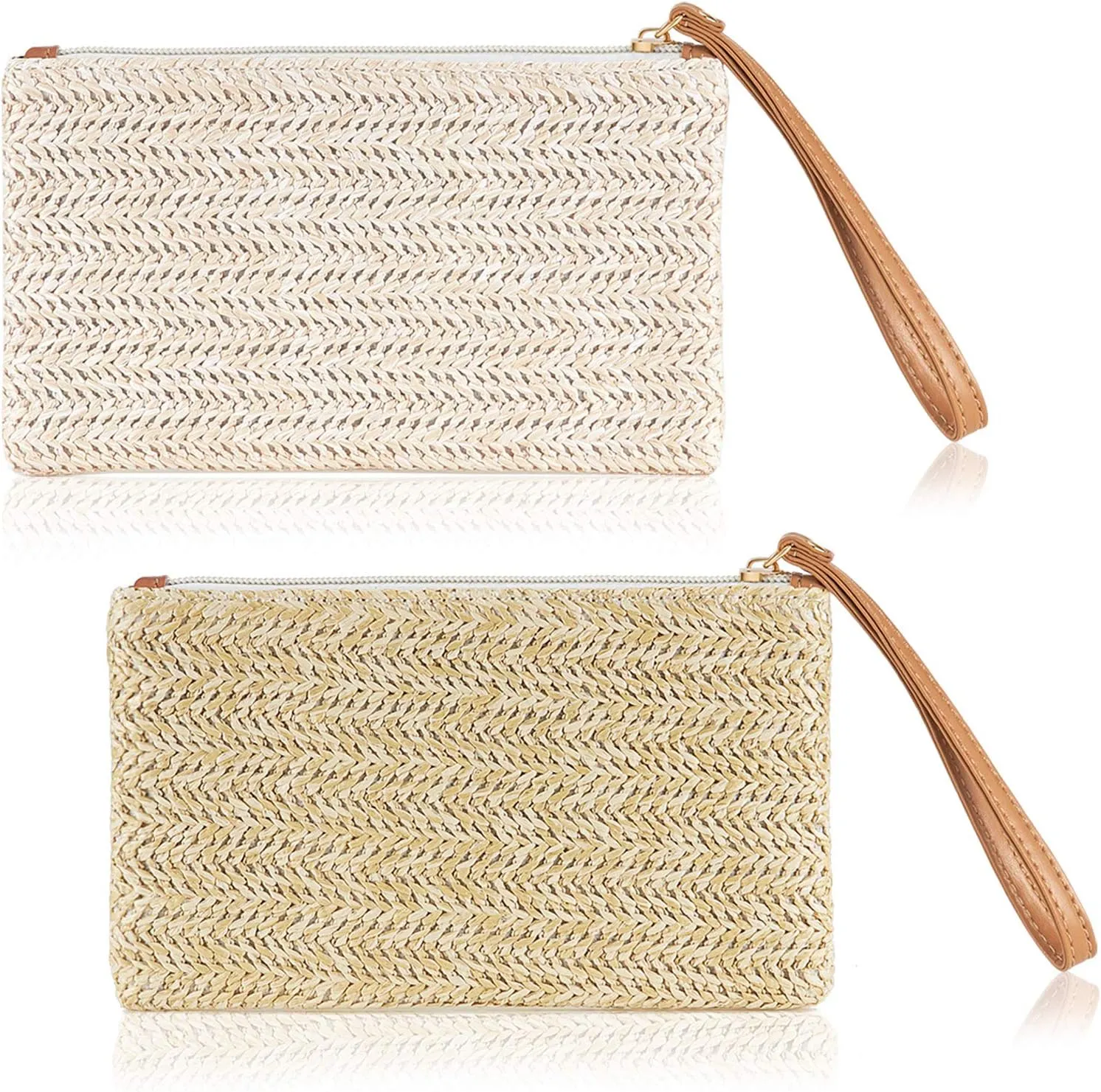 Frienda 2 Pieces Straw Clutch Purse Straw Handbag for Women Summer Beach Bag Bohemian Wristlet Bag(Beige-White, Beige-Yellow)