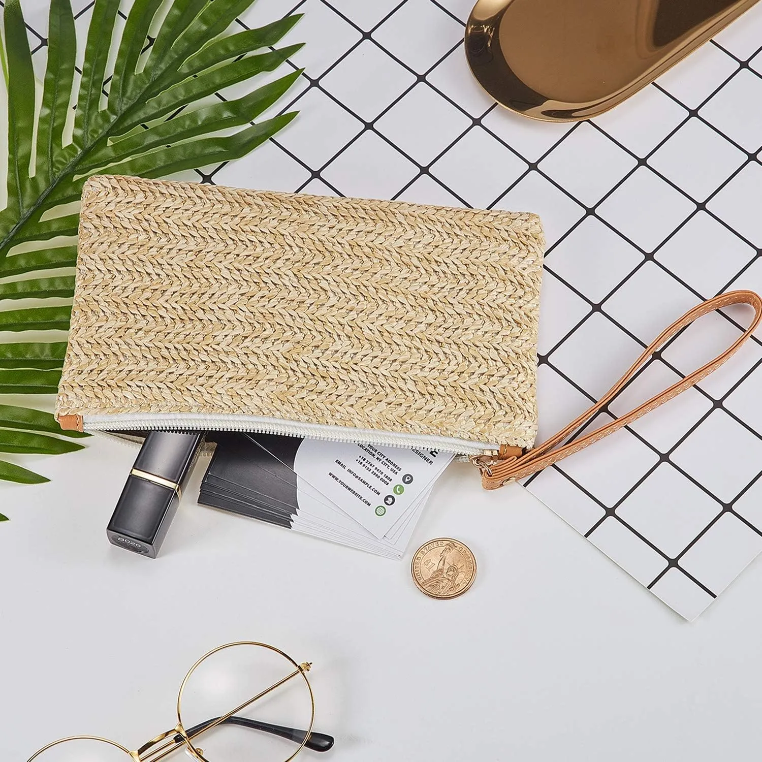 Frienda 2 Pieces Straw Clutch Purse Straw Handbag for Women Summer Beach Bag Bohemian Wristlet Bag(Beige-White, Beige-Yellow)