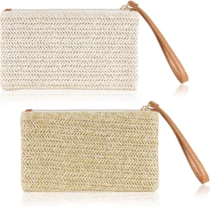 Frienda 2 Pieces Straw Clutch Purse Straw Handbag for Women Summer Beach Bag Bohemian Wristlet Bag(Beige-White, Beige-Yellow)