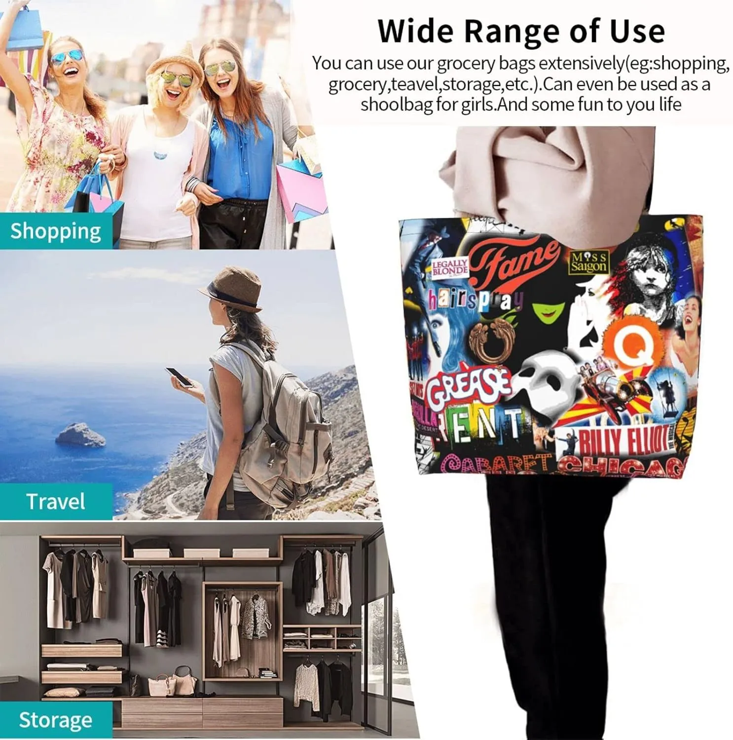Ftuiylu broadway Tote Bag Women Kitchen Reusable Grocery Bags Shopping Bag Beach Bags Shoulder Bag