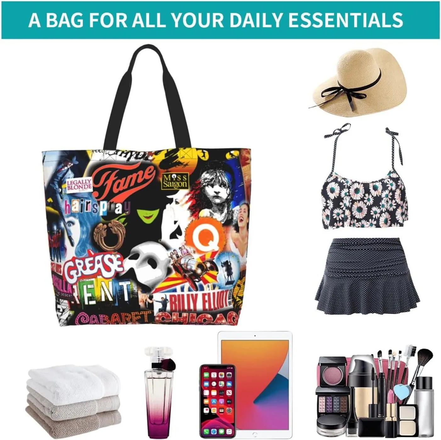 Ftuiylu broadway Tote Bag Women Kitchen Reusable Grocery Bags Shopping Bag Beach Bags Shoulder Bag