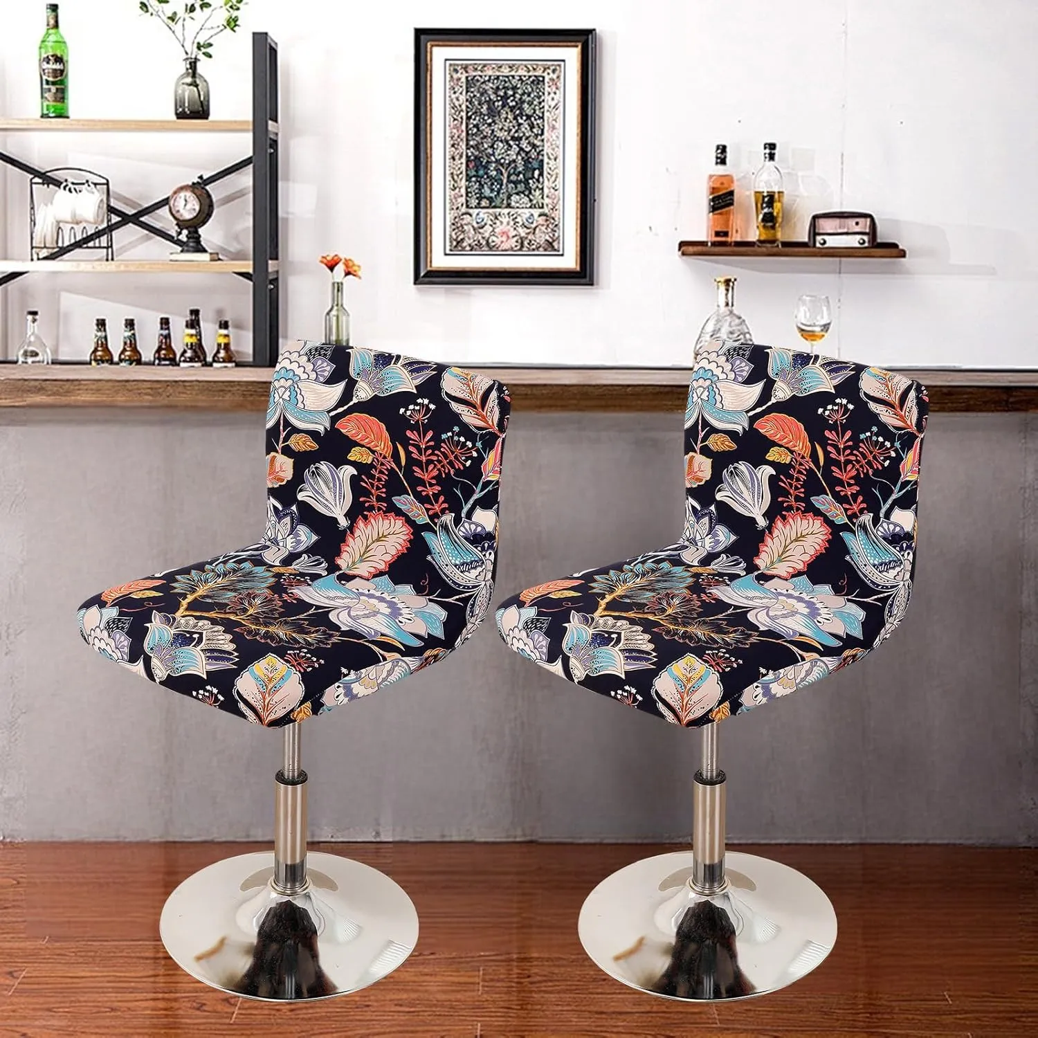 FUANGUI Bar Stool Covers Set of 4, Stretch Bar Stool Chair Cover Slipcovers, Floral Print Counter Stool Bar Chair Covers for Kitchen Pub Dining Room (Floral Blue)