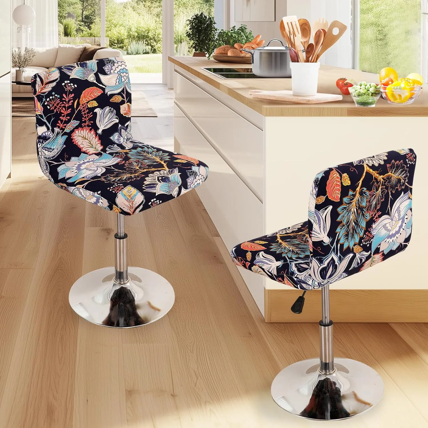 FUANGUI Bar Stool Covers Set of 4, Stretch Bar Stool Chair Cover Slipcovers, Floral Print Counter Stool Bar Chair Covers for Kitchen Pub Dining Room (Floral Blue)