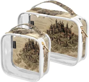 GAIGEO Old Map of the Tower and Palace Travel Transparent Bag, Lightweight Toiletry Bag, Travel Accessories Bags, 2 Pack