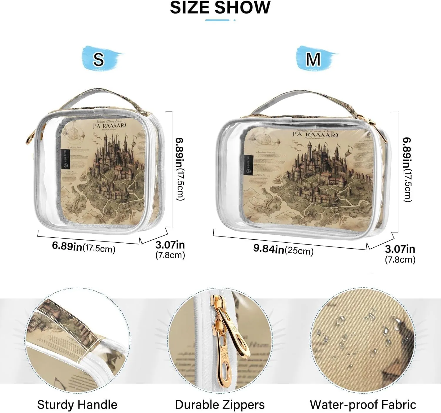 GAIGEO Old Map of the Tower and Palace Travel Transparent Bag, Lightweight Toiletry Bag, Travel Accessories Bags, 2 Pack