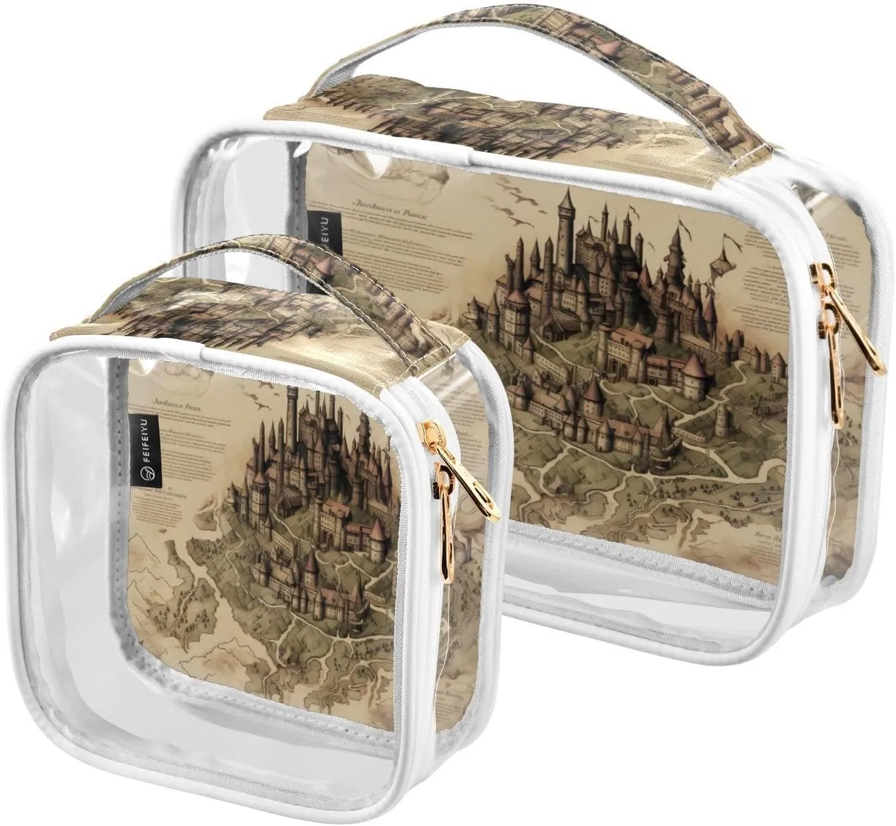 GAIGEO Old Map of the Tower and Palace Travel Transparent Bag, Lightweight Toiletry Bag, Travel Accessories Bags, 2 Pack