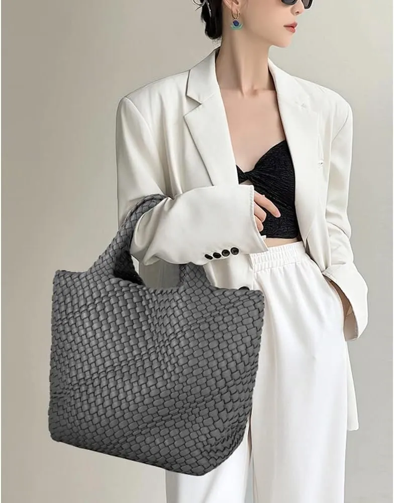 GBB Woven Bag for Women PU Leather Handwoven Tote Bag Large Handbag with Clutch Handmade Casual Purses Shopper Shoulder Bags