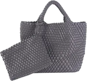 GBB Woven Bag for Women PU Leather Handwoven Tote Bag Large Handbag with Clutch Handmade Casual Purses Shopper Shoulder Bags