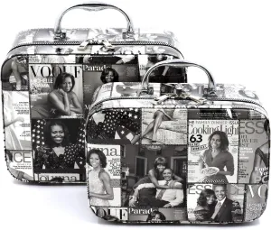 Glossy Magazine Cover Collage Michelle Obama Printed Cross-Body Cosmetic Hard Case Boxy Purse 2pcs Set (Black/Grey)
