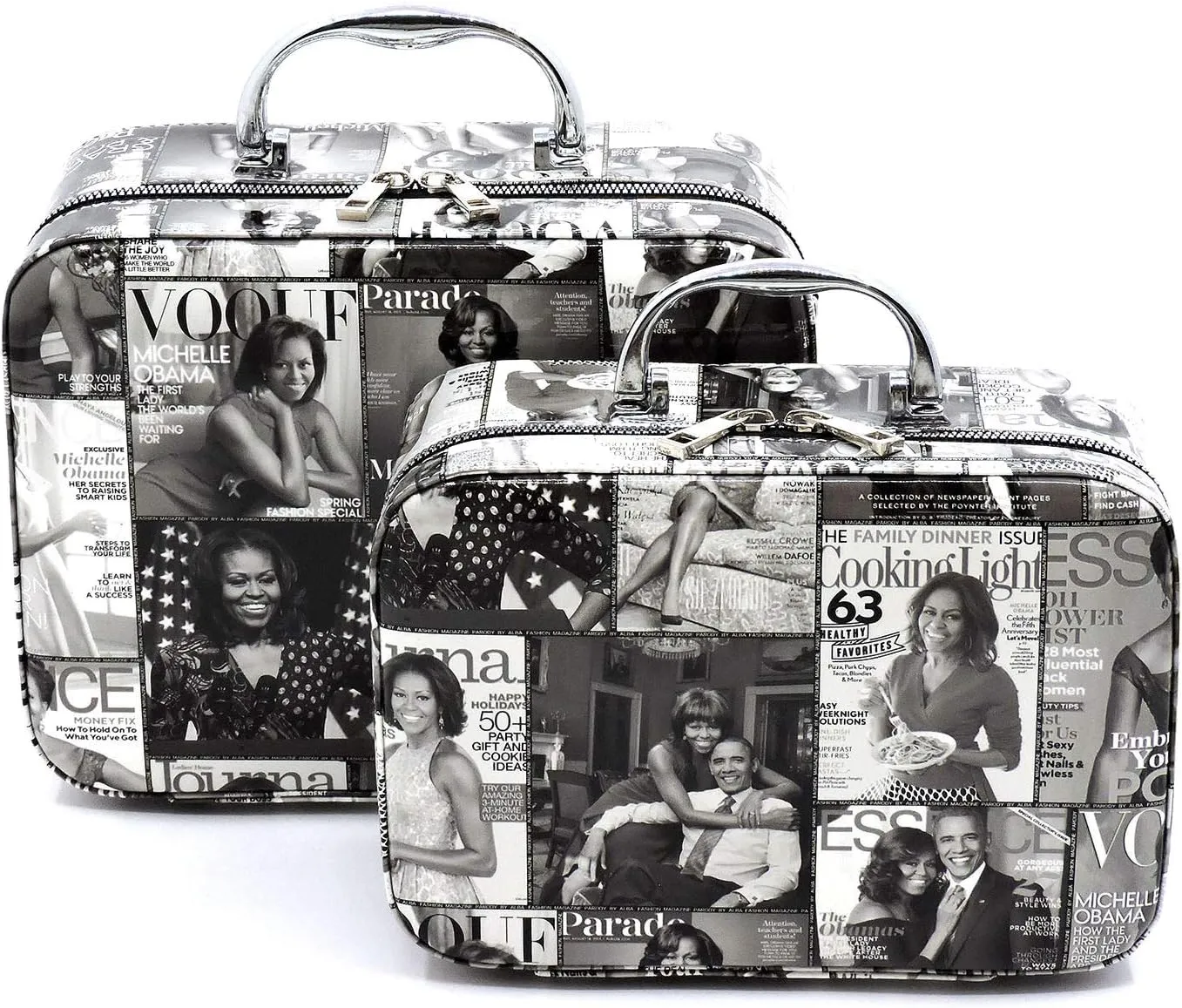 Glossy Magazine Cover Collage Michelle Obama Printed Cross-Body Cosmetic Hard Case Boxy Purse 2pcs Set (Black/Grey)