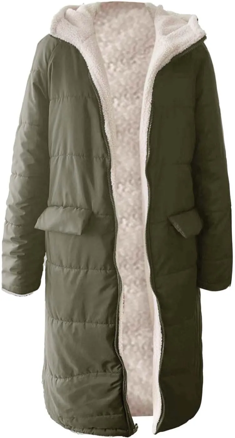 GOKKILRW Womens Long Fleece Down Coats Shearling Sherpa Quilted Jacket with Hood 2024 Winter Fashion Clothes Oversized Jacket