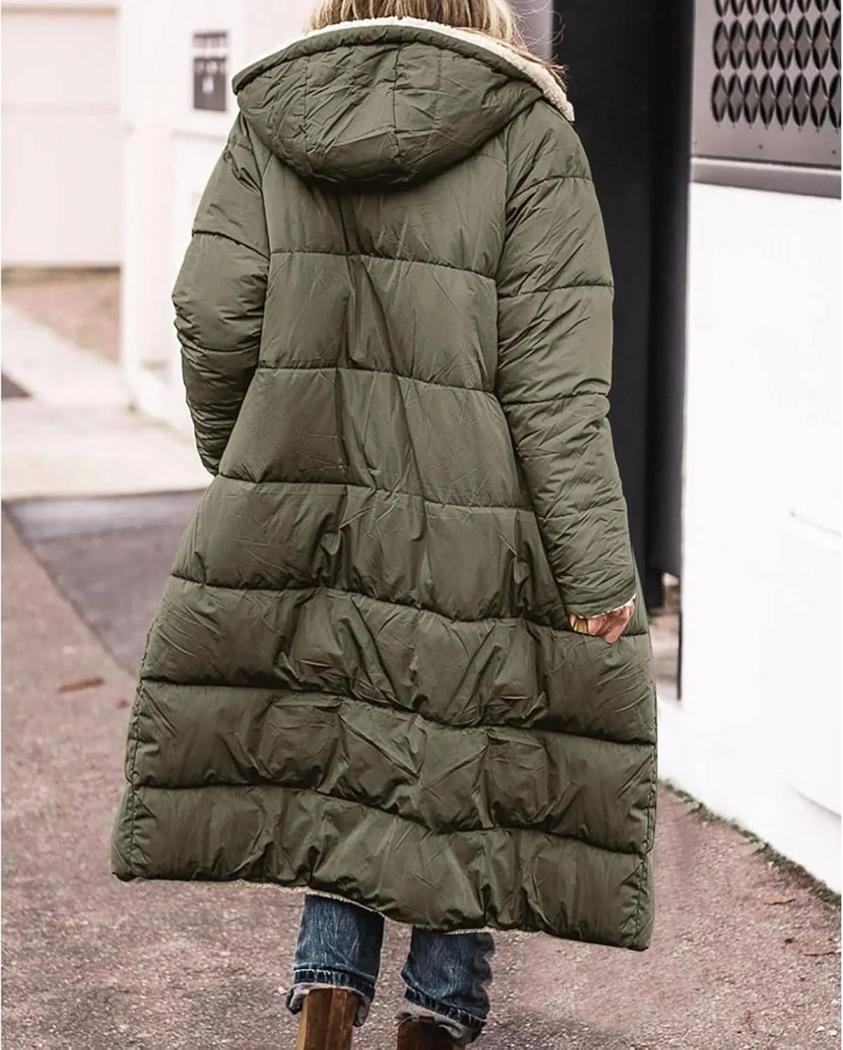 GOKKILRW Womens Long Fleece Down Coats Shearling Sherpa Quilted Jacket with Hood 2024 Winter Fashion Clothes Oversized Jacket