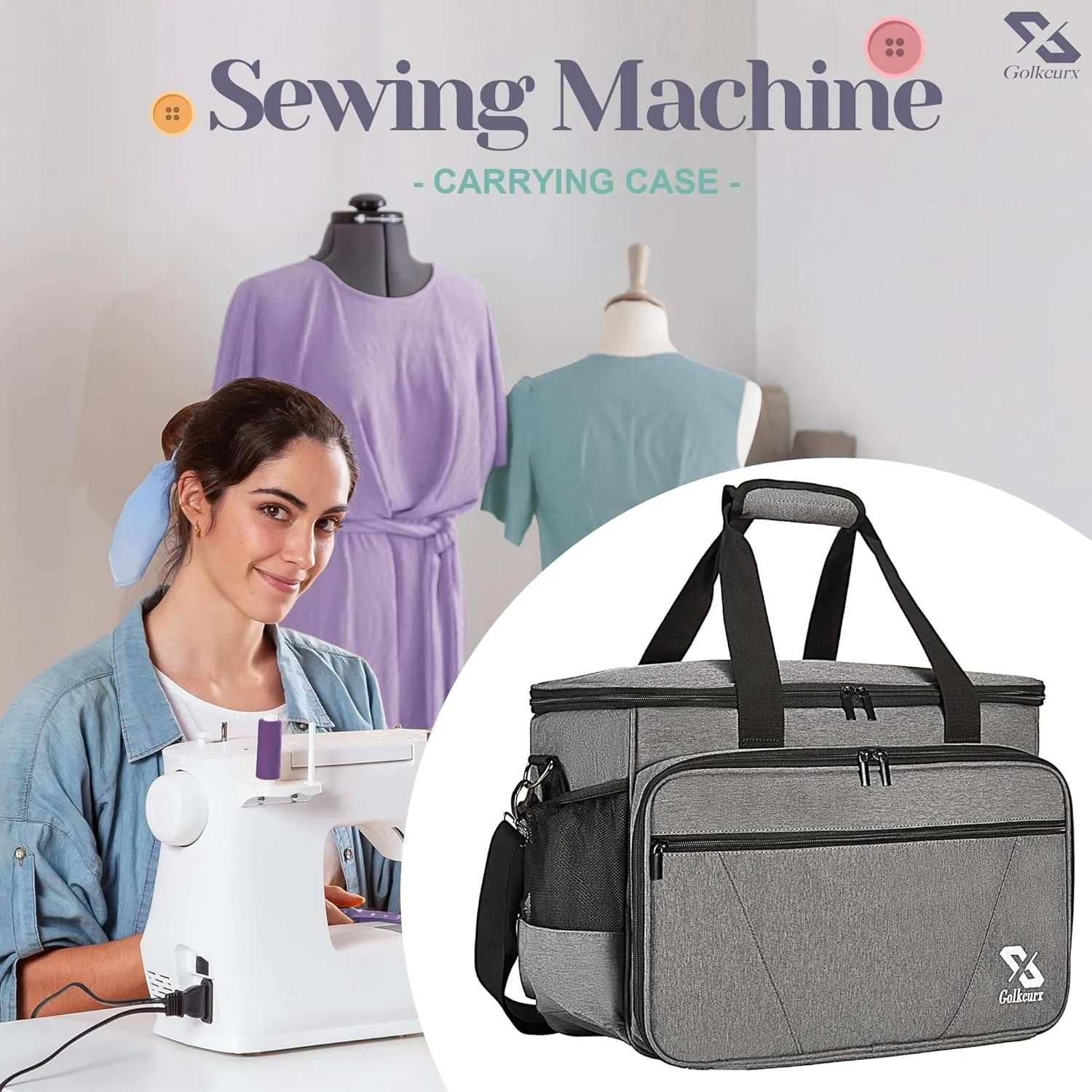 Golkcurx Sewing Machine Case with Removable Padding Pad, Tote Bag for Sewing Machine with Shoulder Strap for Most Standard Singer, Brother, Janome, Grey