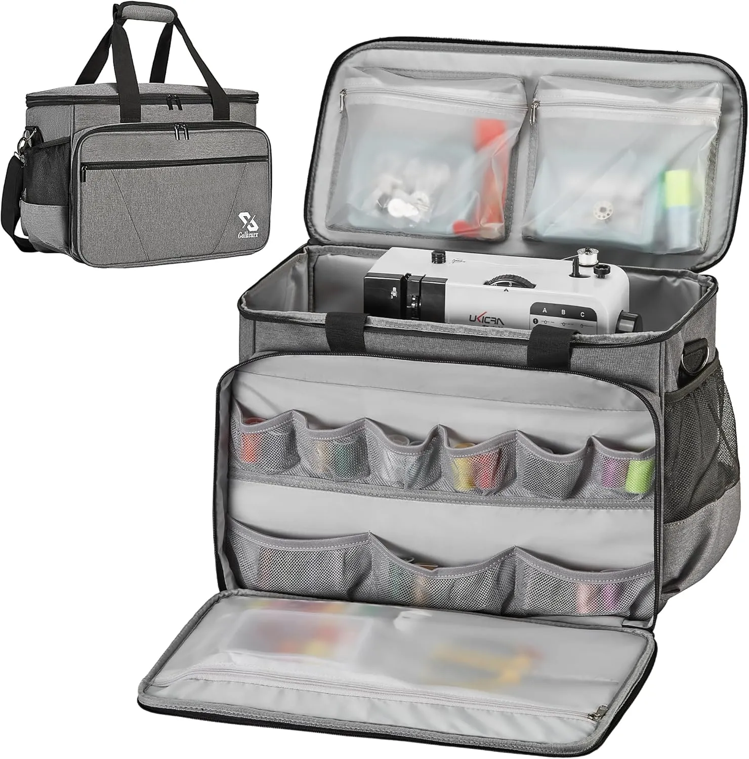 Golkcurx Sewing Machine Case with Removable Padding Pad, Tote Bag for Sewing Machine with Shoulder Strap for Most Standard Singer, Brother, Janome, Grey