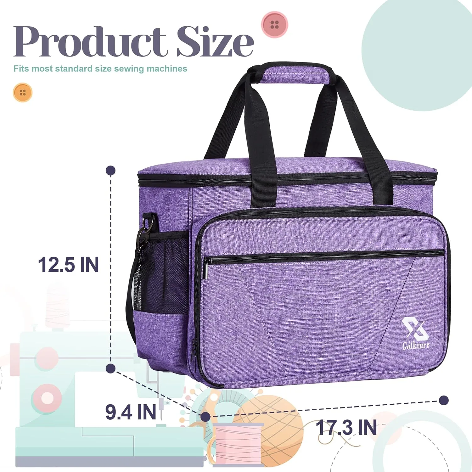 Golkcurx Sewing Machine Case with Removable Padding Pad, Tote Bag for Sewing Machine with Shoulder Strap for Most Standard Singer, Brother, Janome, Purple