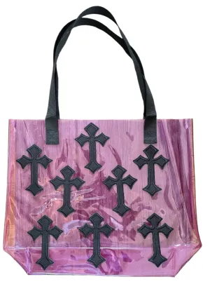 Gothic Black Cross Holographic PVC Violet Tote Bag