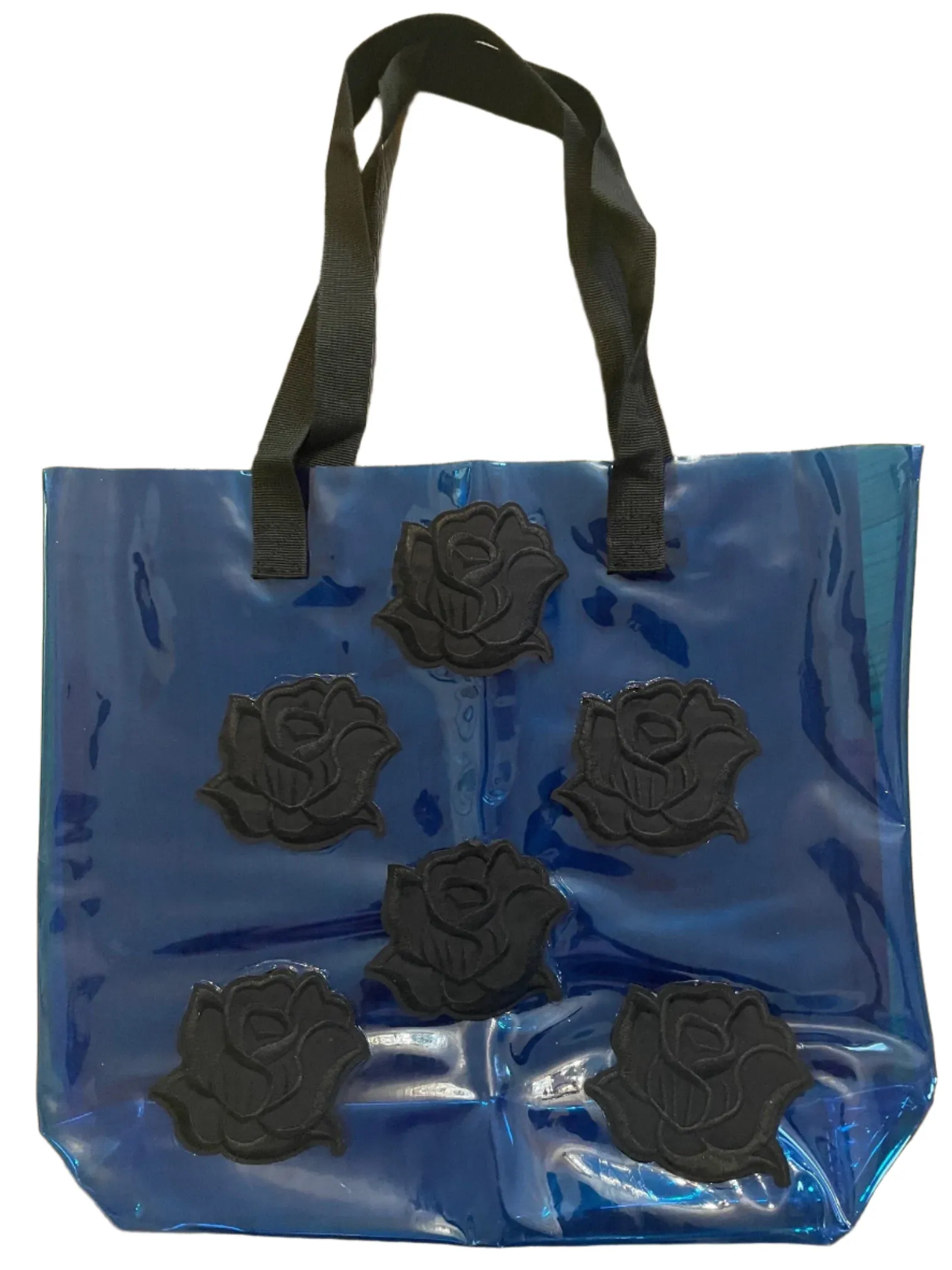 Gothic Black Roses Holographic PVC Blue Tote Bag