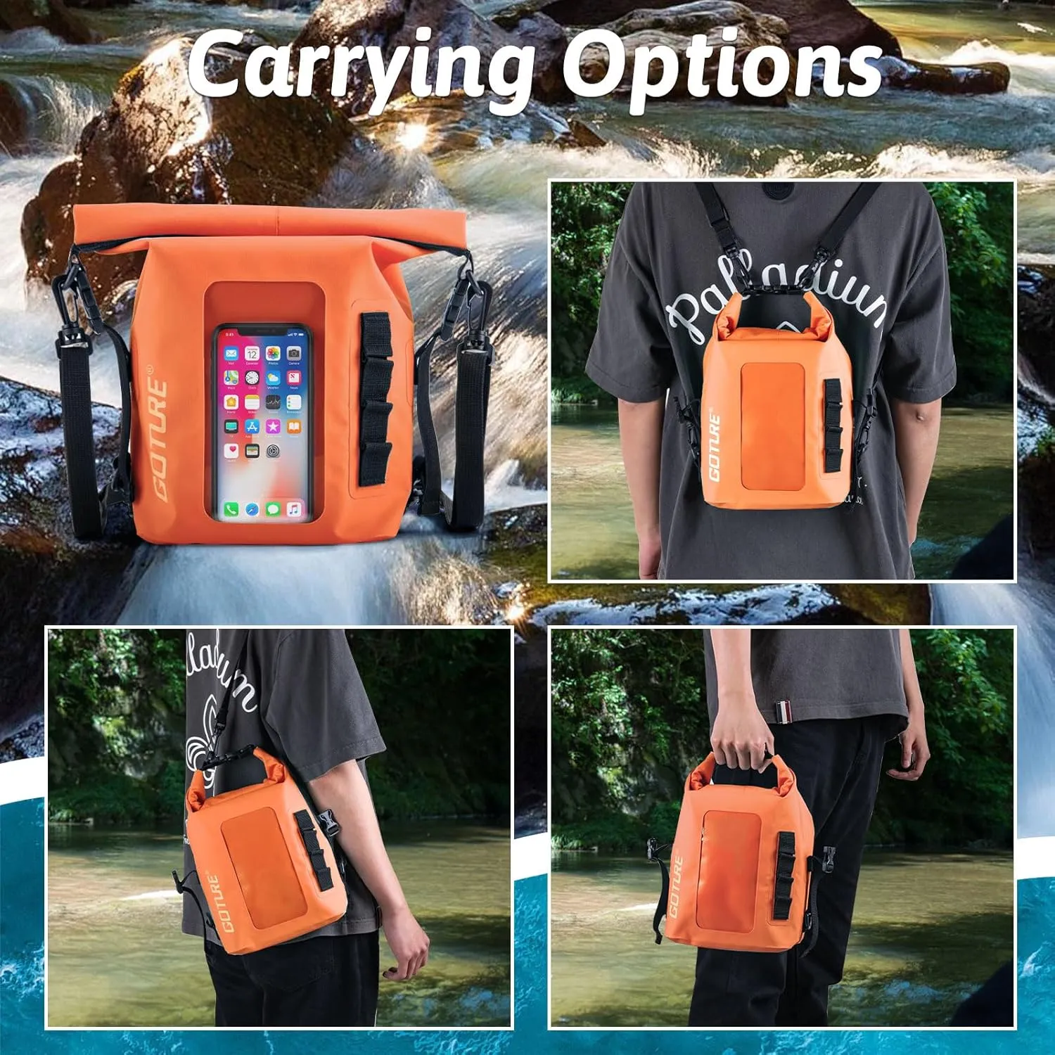 Goture Dry Bag, 5L Waterproof Bag with Shoulder Straps, 500D PVC Small Dry Sack Touchscreen Waterproof Backpack Phone Pouch, Roll Top Crossbody for Kayaking, Boating, Fishing, Camping, Beach, Travel