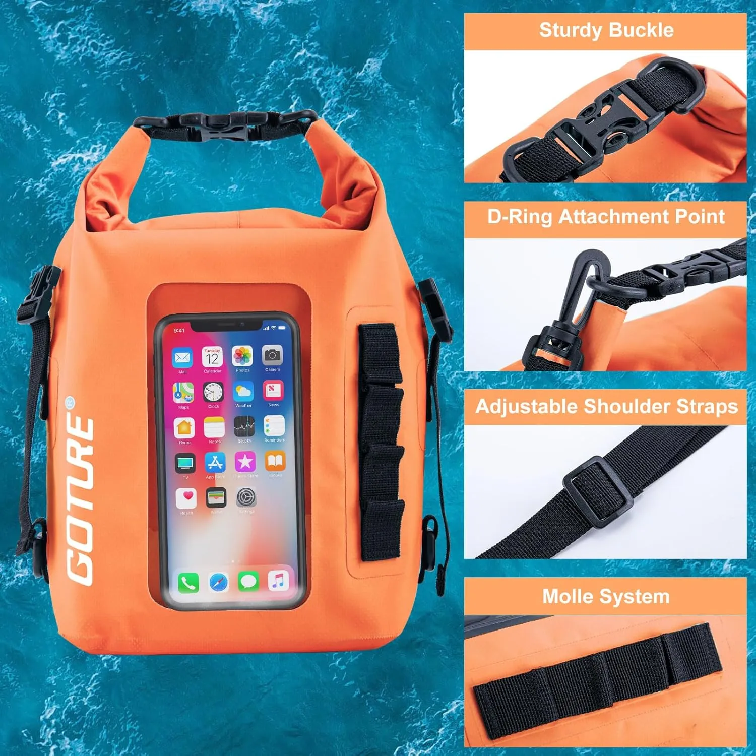 Goture Dry Bag, 5L Waterproof Bag with Shoulder Straps, 500D PVC Small Dry Sack Touchscreen Waterproof Backpack Phone Pouch, Roll Top Crossbody for Kayaking, Boating, Fishing, Camping, Beach, Travel