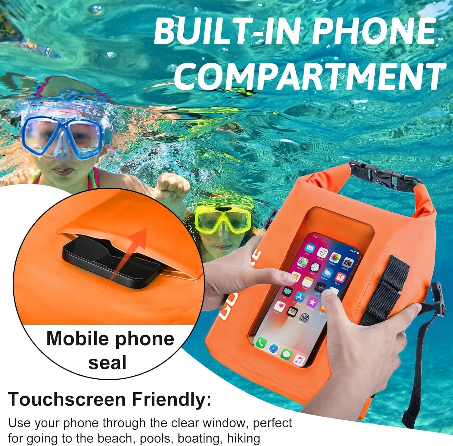 Goture Dry Bag, 5L Waterproof Bag with Shoulder Straps, 500D PVC Small Dry Sack Touchscreen Waterproof Backpack Phone Pouch, Roll Top Crossbody for Kayaking, Boating, Fishing, Camping, Beach, Travel