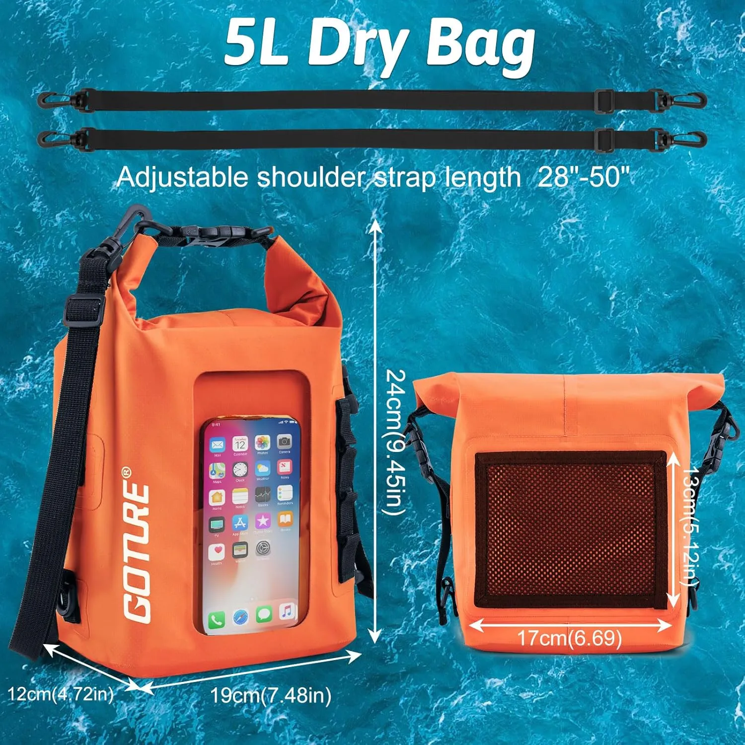 Goture Dry Bag, 5L Waterproof Bag with Shoulder Straps, 500D PVC Small Dry Sack Touchscreen Waterproof Backpack Phone Pouch, Roll Top Crossbody for Kayaking, Boating, Fishing, Camping, Beach, Travel