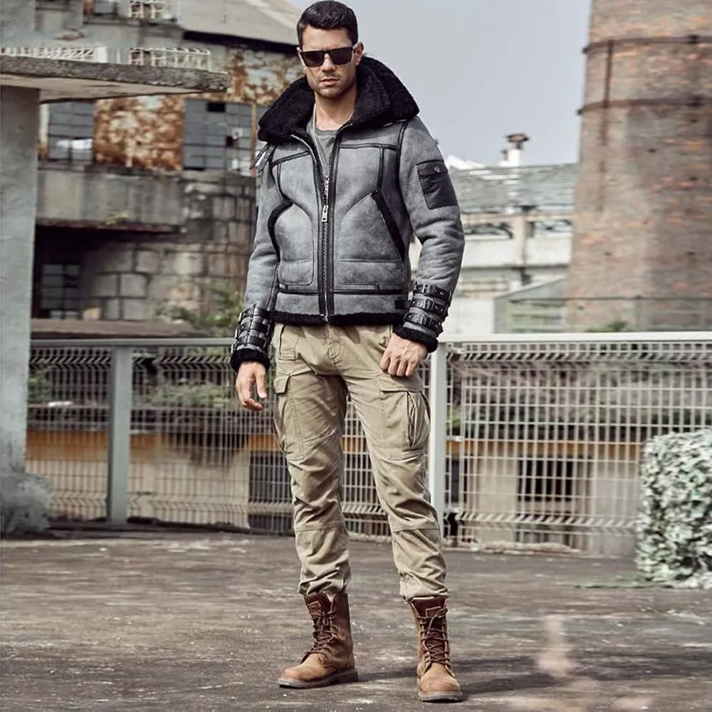 Gray RAF Aviator Sheepskin Real Leather Shearling Flight B3 Bomber Jacket For Men