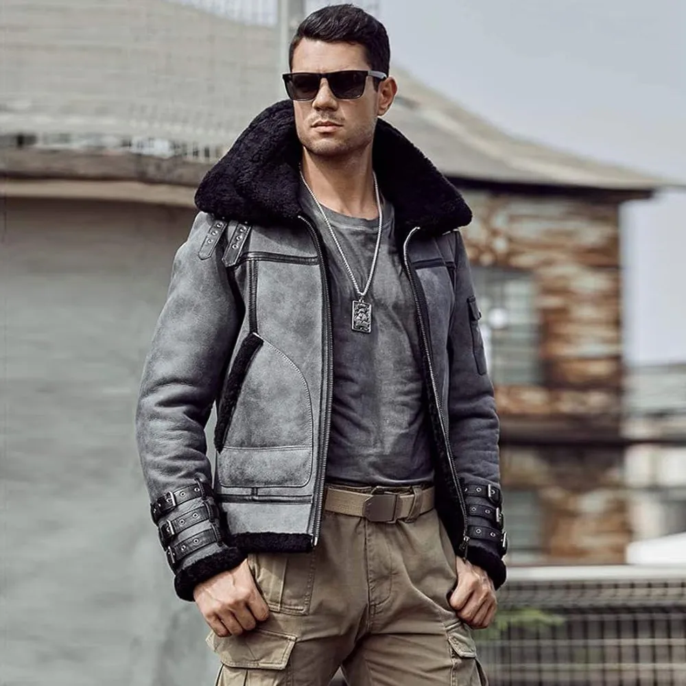 Gray RAF Aviator Sheepskin Real Leather Shearling Flight B3 Bomber Jacket For Men