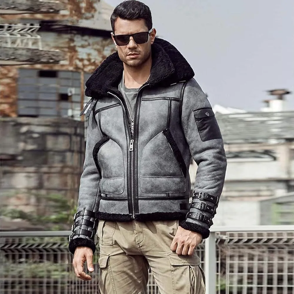 Gray RAF Aviator Sheepskin Real Leather Shearling Flight B3 Bomber Jacket For Men