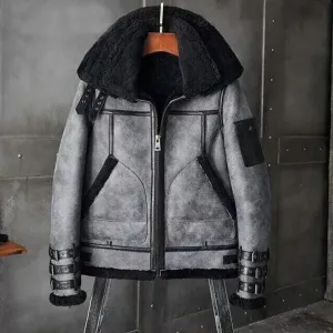Gray RAF Aviator Sheepskin Real Leather Shearling Flight B3 Bomber Jacket For Men