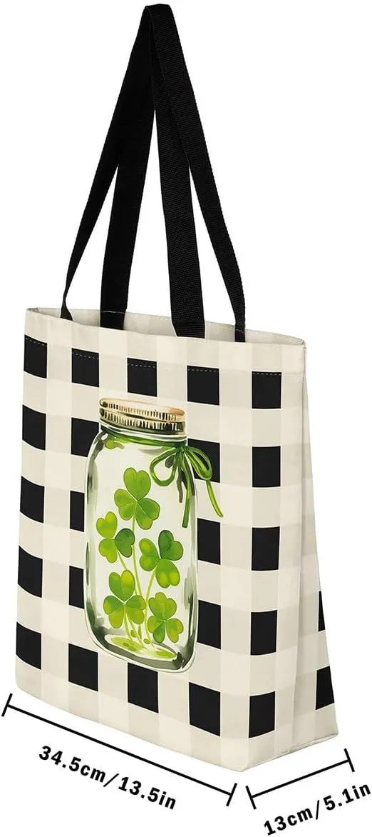 Green Clovers Canvas Tote Bag 16x20 Inch,St. Patrick's Day Tote Bag,Seasonal Spring Botanical Shopping Grocery Bags