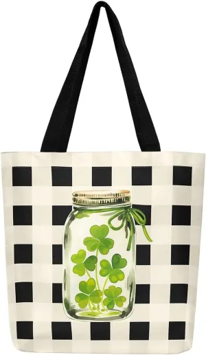 Green Clovers Canvas Tote Bag 16x20 Inch,St. Patrick's Day Tote Bag,Seasonal Spring Botanical Shopping Grocery Bags