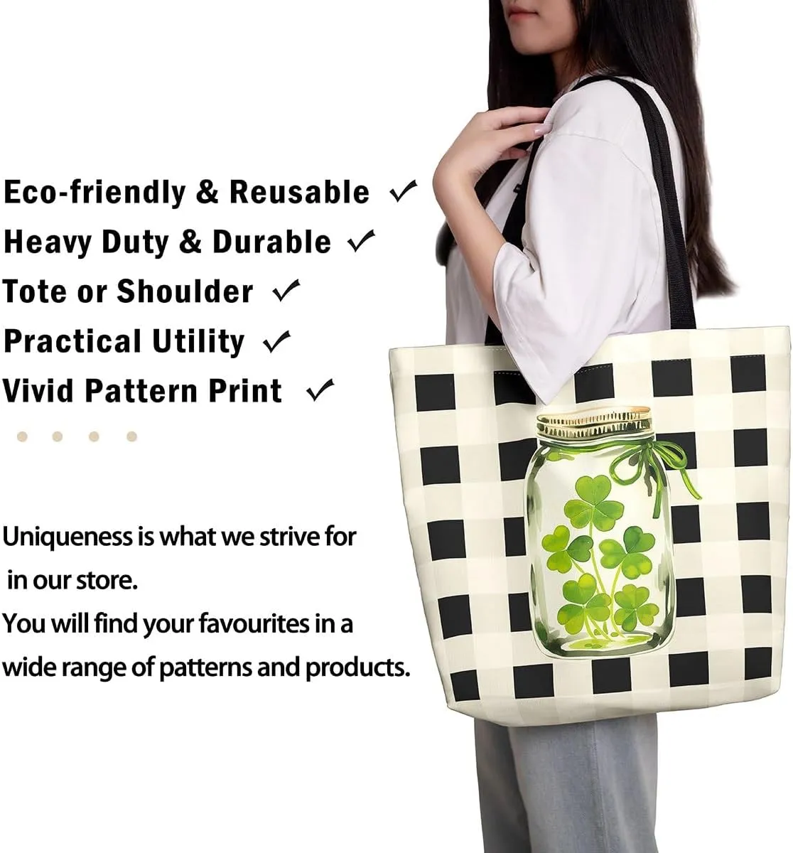 Green Clovers Canvas Tote Bag 16x20 Inch,St. Patrick's Day Tote Bag,Seasonal Spring Botanical Shopping Grocery Bags
