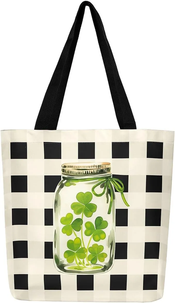 Green Clovers Canvas Tote Bag 16x20 Inch,St. Patrick's Day Tote Bag,Seasonal Spring Botanical Shopping Grocery Bags