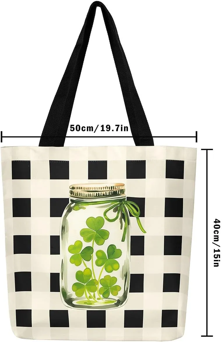 Green Clovers Canvas Tote Bag 16x20 Inch,St. Patrick's Day Tote Bag,Seasonal Spring Botanical Shopping Grocery Bags