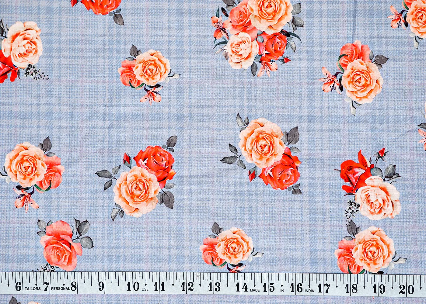 Green Cotton Fabric with Check Base and Floral Print 13869