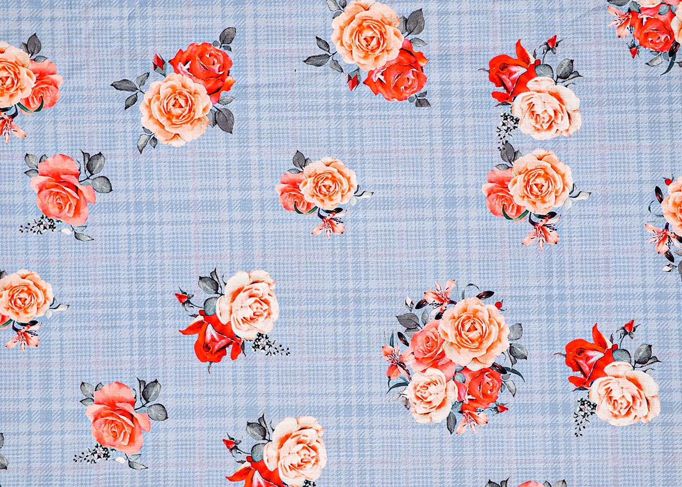 Green Cotton Fabric with Check Base and Floral Print 13869
