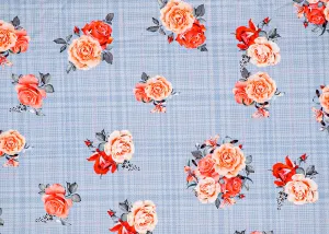 Green Cotton Fabric with Check Base and Floral Print 13869