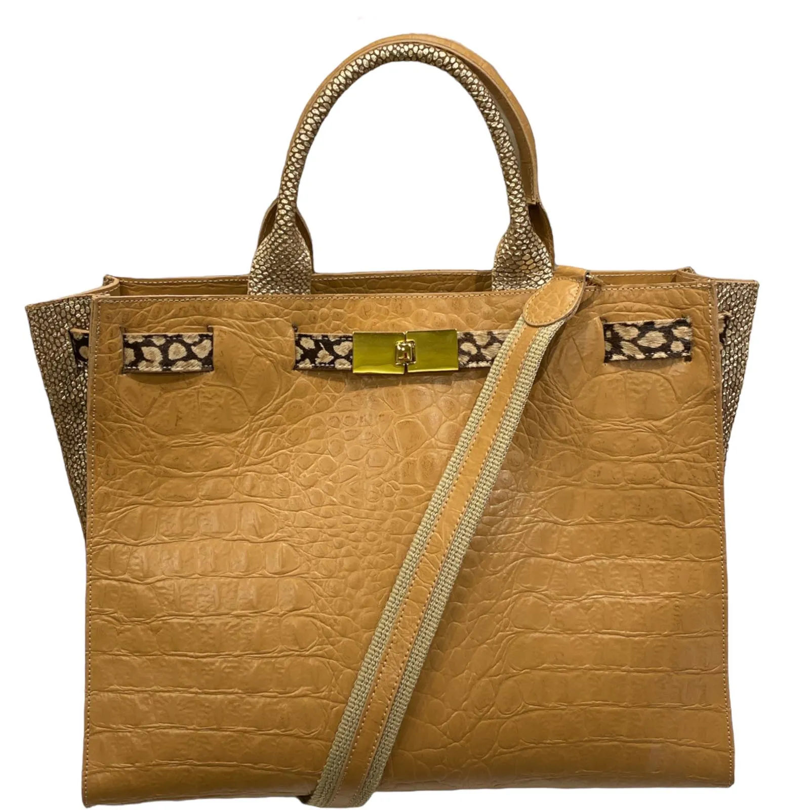 Greta L. Camel alligator-print leather tote bag