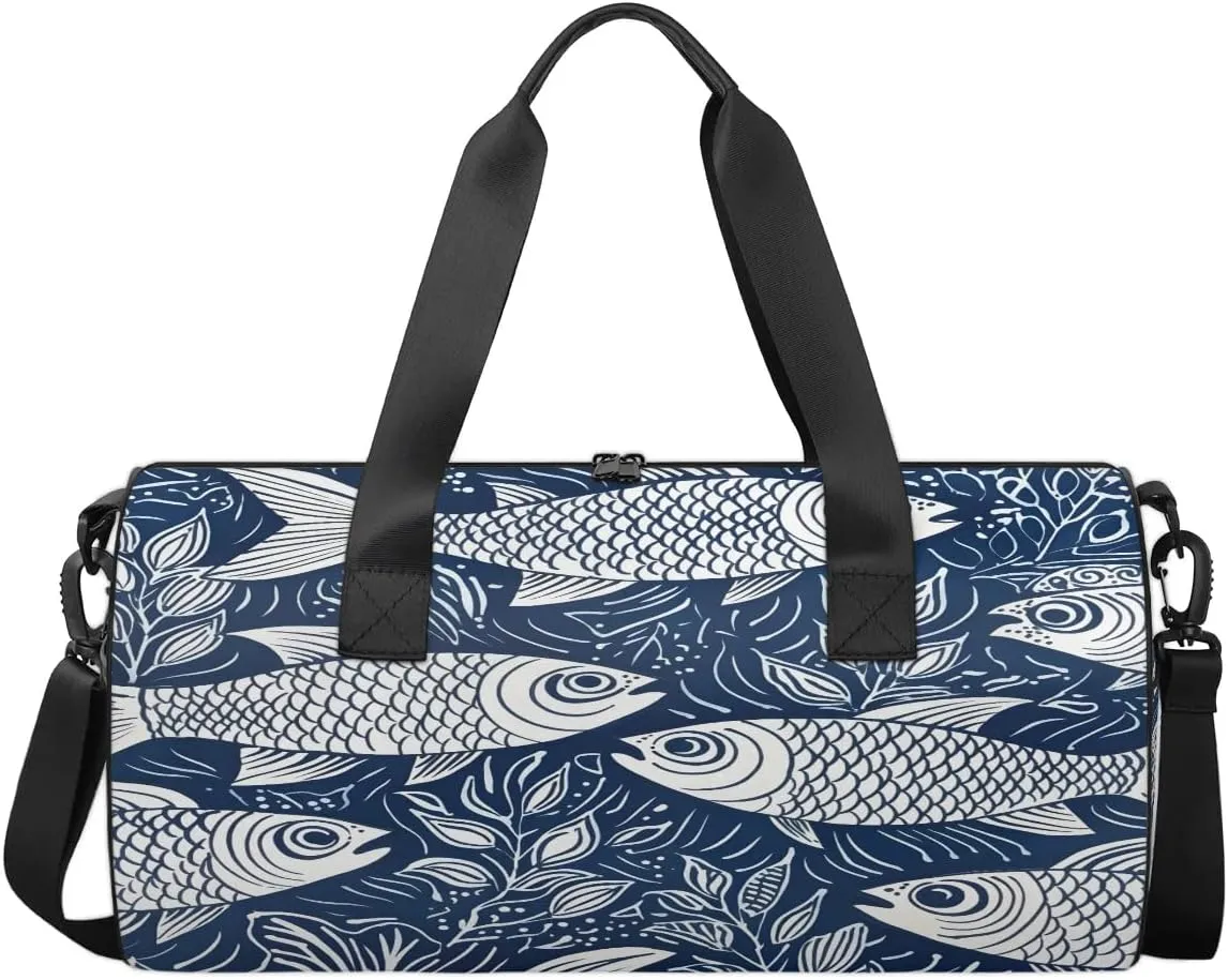 Gym Bags for Men Women Fish Print Sports Duffel Bags Carry On Travel Duffle Bag with Detachable Adjustable Shoulder Strap Overnight Weekender Bag