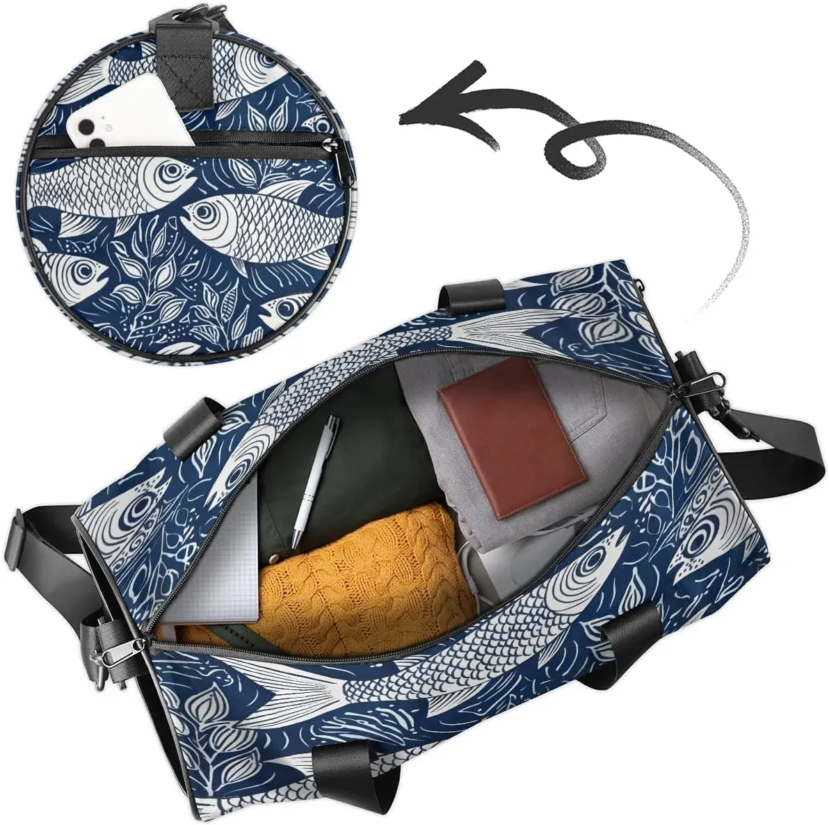 Gym Bags for Men Women Fish Print Sports Duffel Bags Carry On Travel Duffle Bag with Detachable Adjustable Shoulder Strap Overnight Weekender Bag