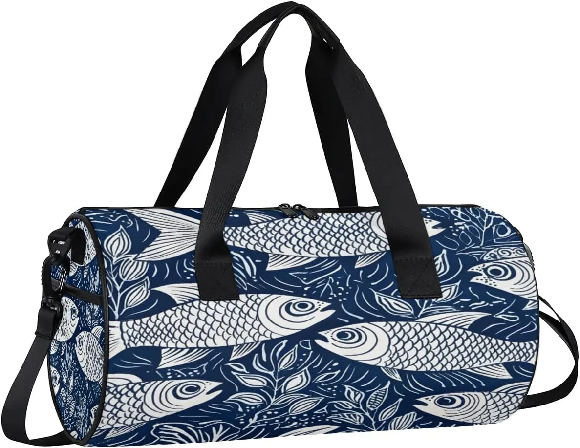 Gym Bags for Men Women Fish Print Sports Duffel Bags Carry On Travel Duffle Bag with Detachable Adjustable Shoulder Strap Overnight Weekender Bag